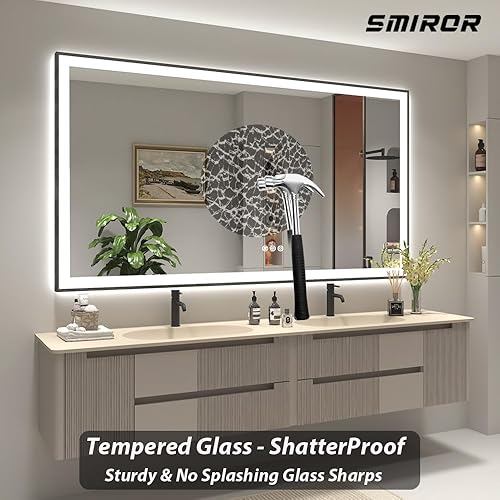 Miniatura 7 de Espejos de baño LED de 55 x 30 pulgadas con marco negro montado en la pared, espejos de tocador iluminados con luces, regulables, antiniebla,