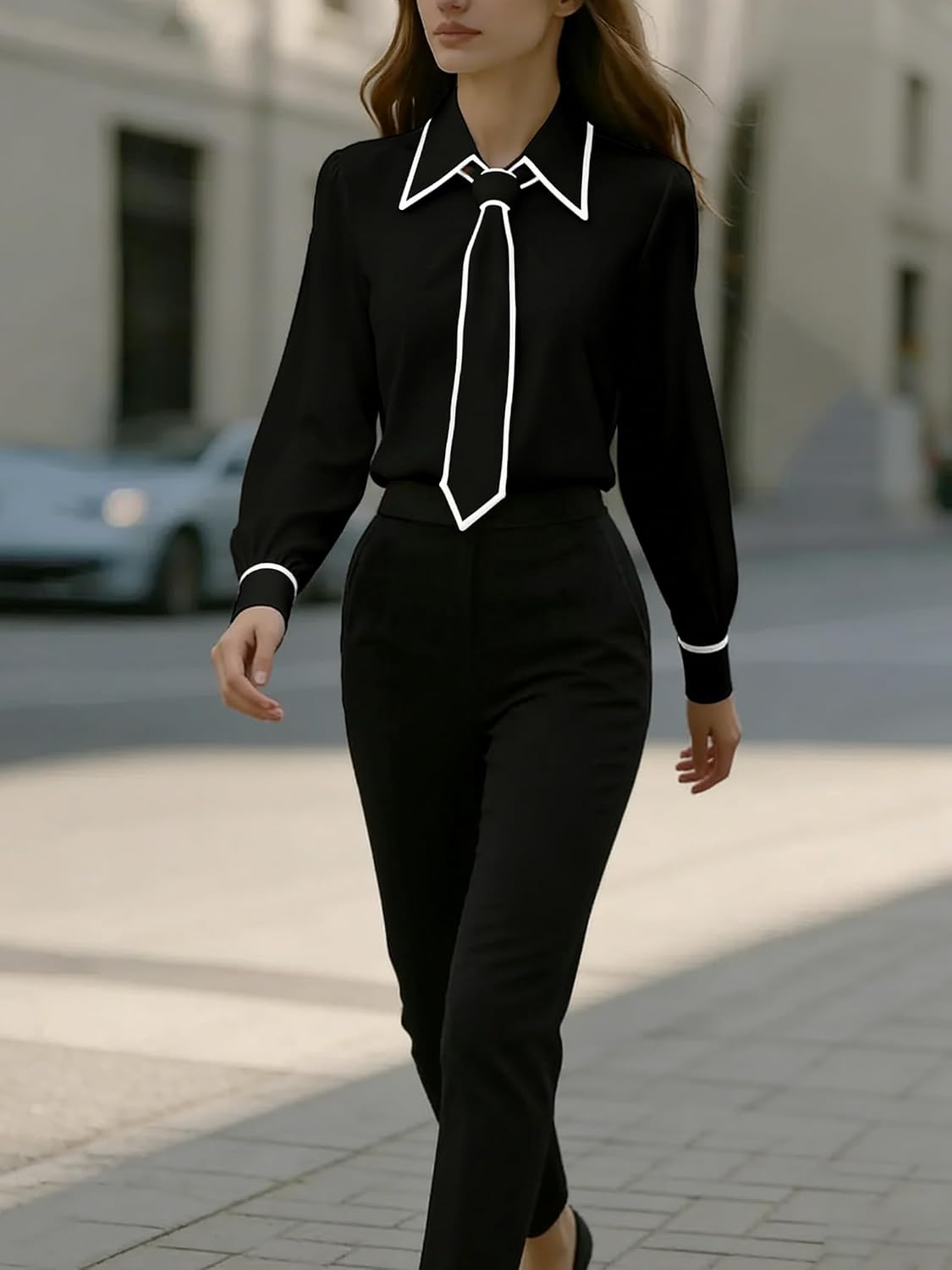 Women's Button Down Shirts Tie Neck Dress Shirt Business Casual Blouse Top image 5