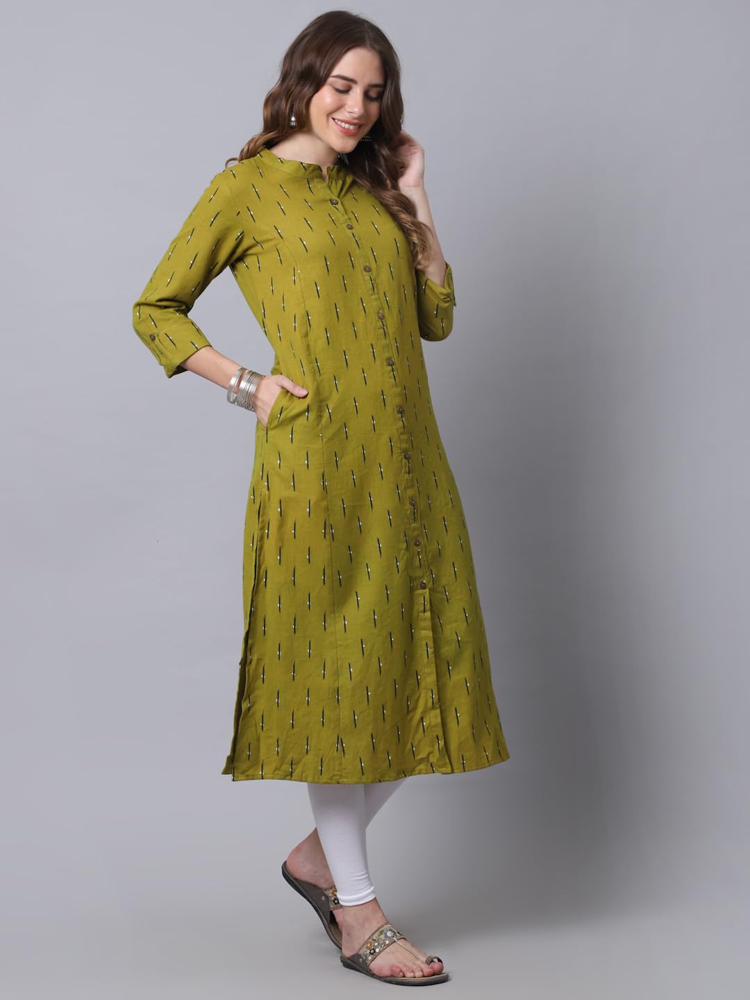 Pistaa's Women's Cotton Regular Printed Kurta Green,Regular Fit,L 1
