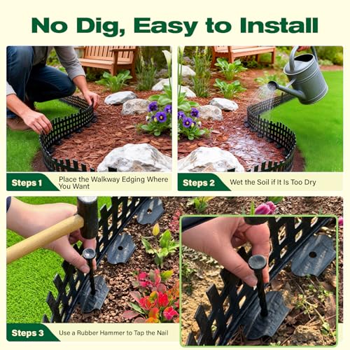 Bhyhok 50FT No Dig Landscape Edging Kit 4-4.7 in Tall Arched Design Garden Edging Border with 80 PCS Spikes Flexible Plastic Lawn Edge Fence for Flower Bed Pathway Tree Yard Grass by Bhyhok - Image 5