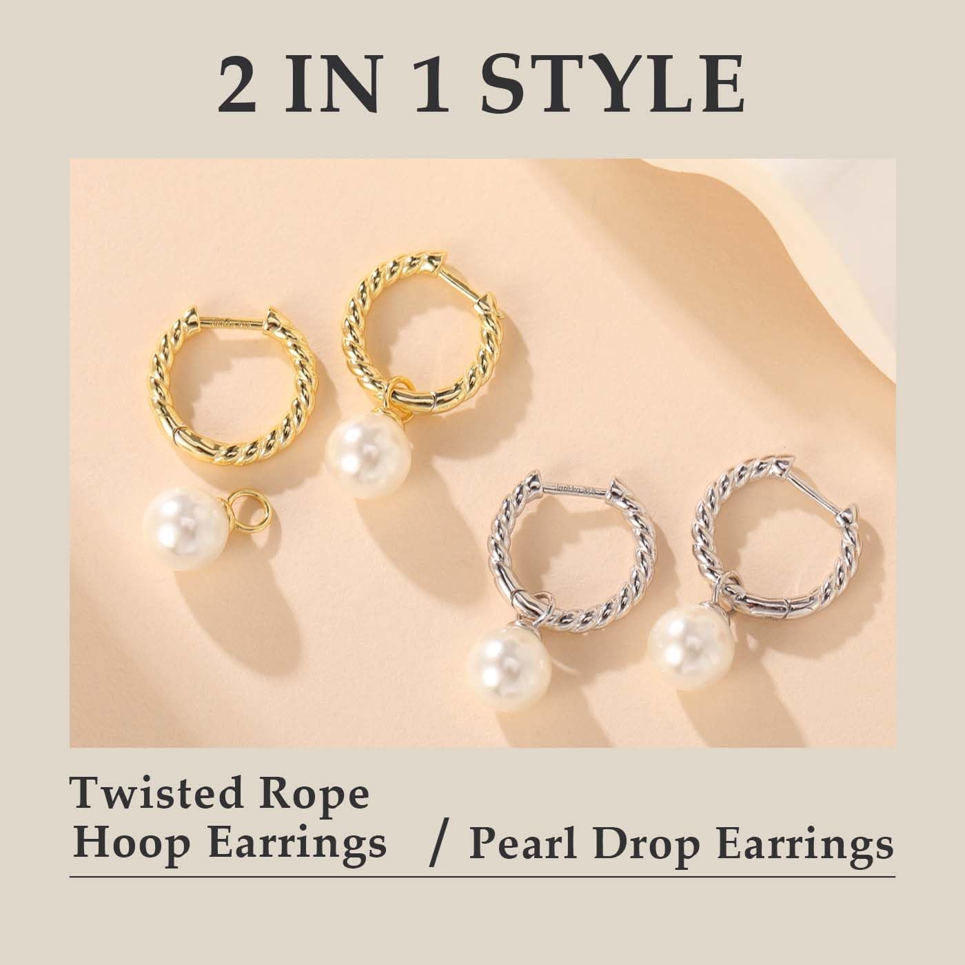 Pearl Earrings for Women 925 Sterling Silver Hoop Earrings Shell Pearl Drop Earrings Dangling 2 in 1 Style - Image 5