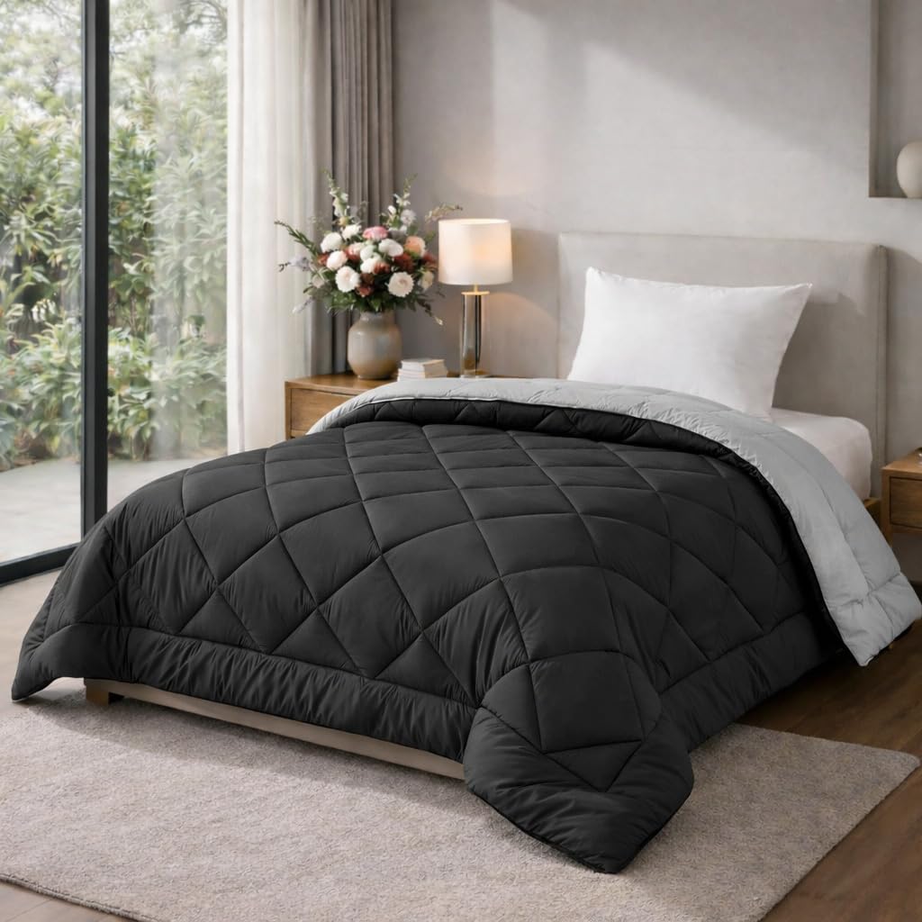 HOMEKART 220 GSM Microfiber Reversible Comforter for Single Bed,Ultra Soft, Skin-Friendly & Hypoallergenic Solid Blanket|Lightweight Cozy & Machine Washable (Black & Grey)-picture-18