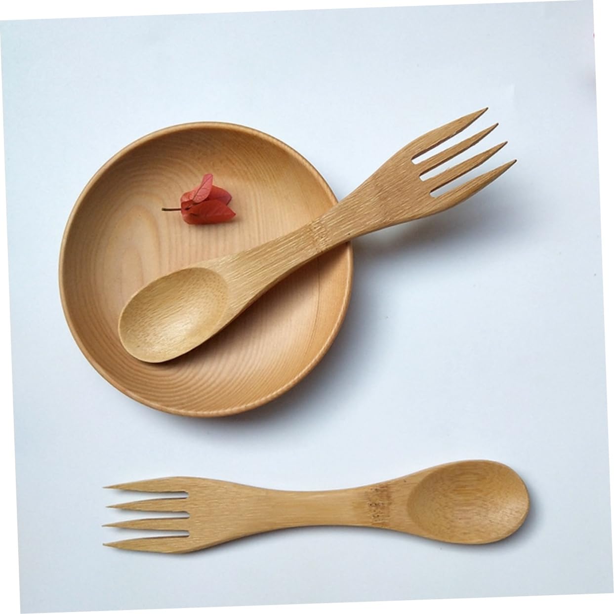 BEBEMOKO 5 Pcs Bamboo Spork Forks Spoon Set for Boys and Girls' Lunch Box Accessories