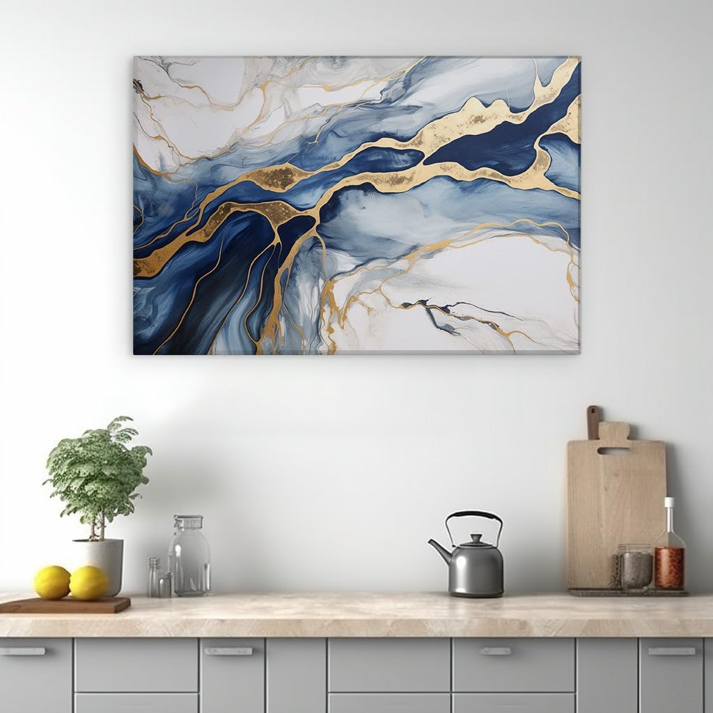 Canvas for Living Room. Flowing Hues of Tranquility: A River's Journey Through Blue and Golden Dreams, 27 x 18 inch Canvas Wall Art - Contemporary Masterpieces - Inspirational Office Decor