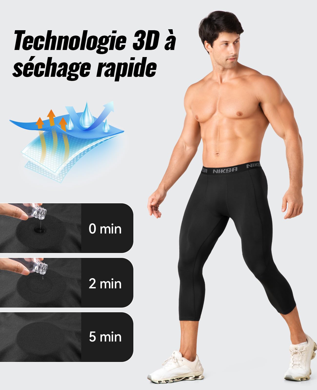 Niksa Pantalon de compression 3/4 pour homme - Pantalon de course - Legging de sport - Anti-transpiration - Séchage rapide - Respirant - Sous-vêtement fonctionnel pour football, basketball, fitness