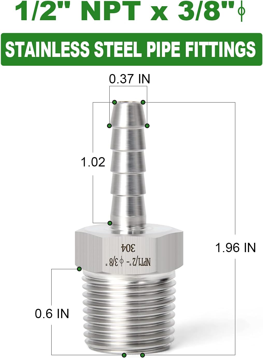 TAISHER 5PCS Forging of 304 Stainless Steel of Air Hose Fittings, Hose Barb Fittings 3/8" Barb x 1/2" MNPT Pipe Adapter with 5PCS Hose Clamp