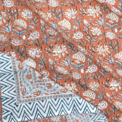 Image of TOAI Hand Block Printed Bedsheet | Bed Spread Flatsheet Bed Sheet | Pure Cotton | Queen Size 90 inchx108 inch | 300 TC Long Staple Cotton | 2 Reversible Pillow Covers |Floral Vines on Rust