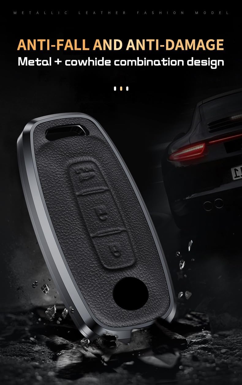 3-Button Key Fob Cover Leather Key Holder Aluminum alloy Key Bag Fit for Nissan Rogue X-Trail Versa Kicks Ariya