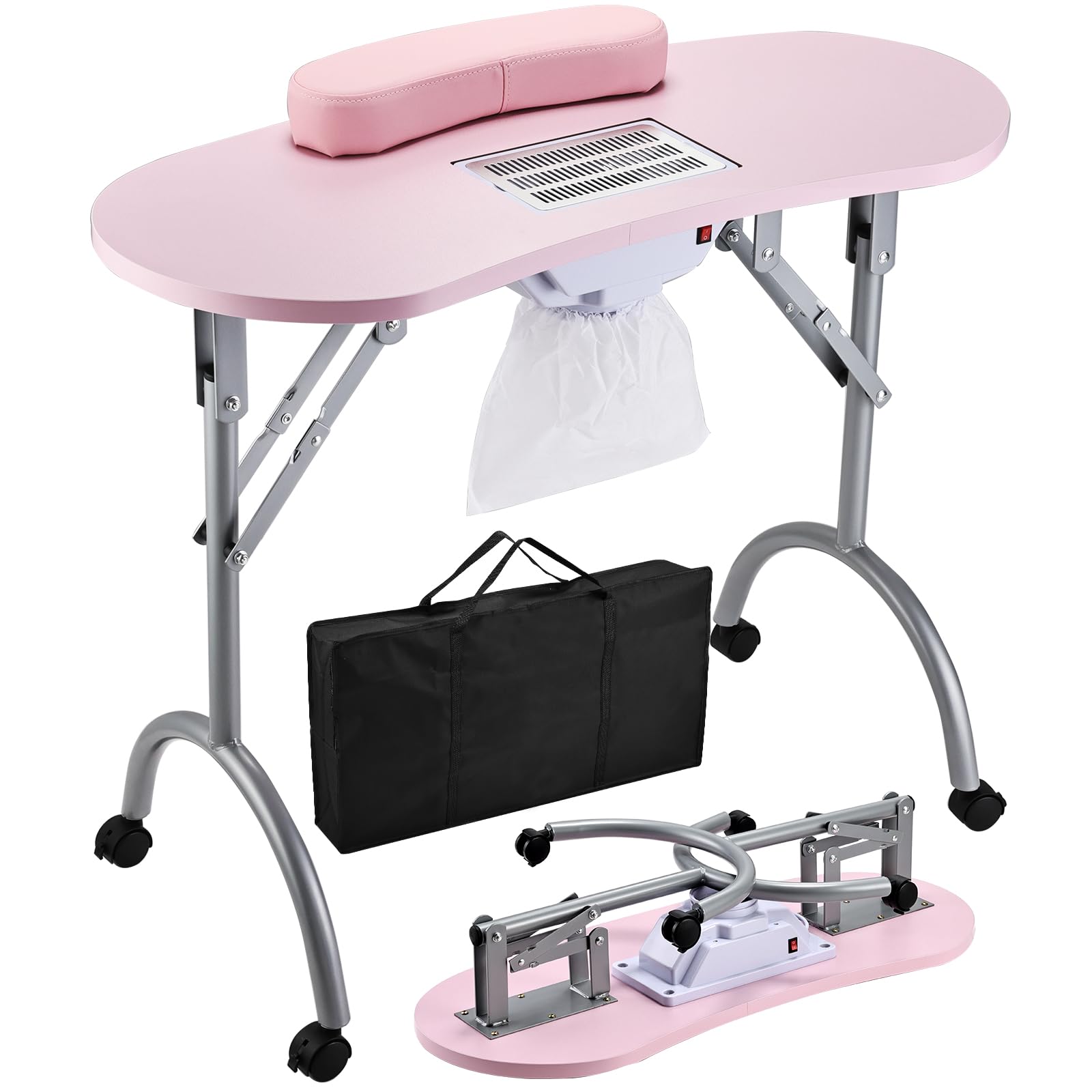Manicure Table with Nail Dust Collector, Portable Nail Table Rolling Nail Desk Nail Tech Travel Nail Station Foldable Professional Nail Salon Table with Cacuum,Arm Rest,Lockable Wheel,Bag,Pink