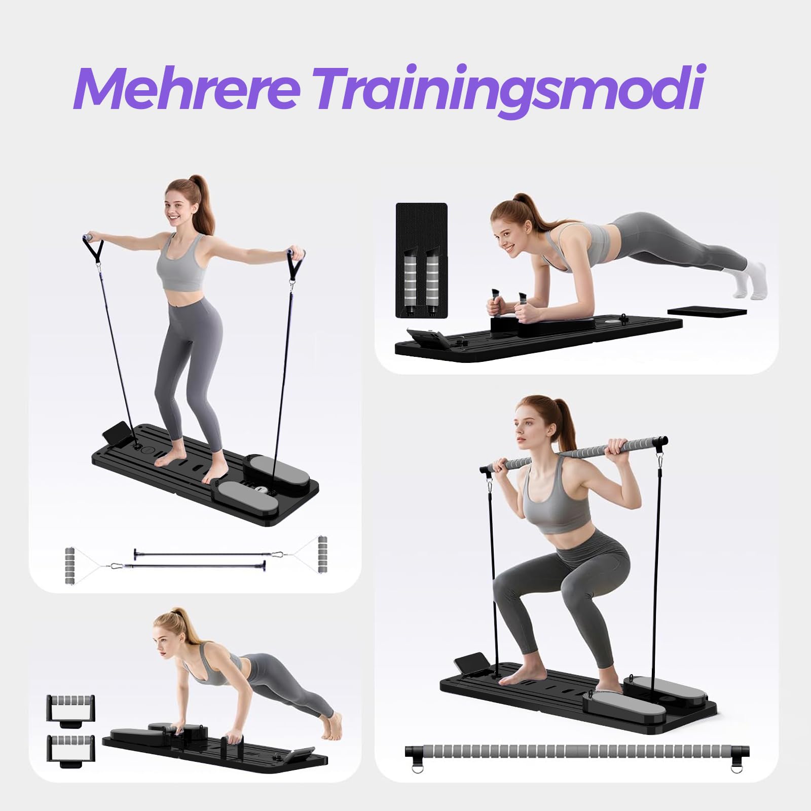 Pilates Board für Zuhause Upgraded, Faltbares Multifunktionales Pilates Reformer, 8-in-1 Pilates Set mit 5er-Set Widerstandsbänder, Automatischem Rückprall & Bauchtrainer, Ganzkörpertraining