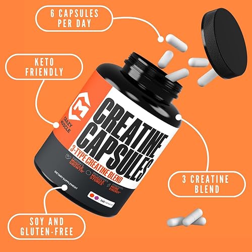 Miniatura 7 de Crazy Muscle Cápsulas de Creatina, 5g de Ganador de Masa a Granel Pre Entreno ThreeAtine Premium 3X, Alta Absorción Fácil de Tomar Monohidrato de