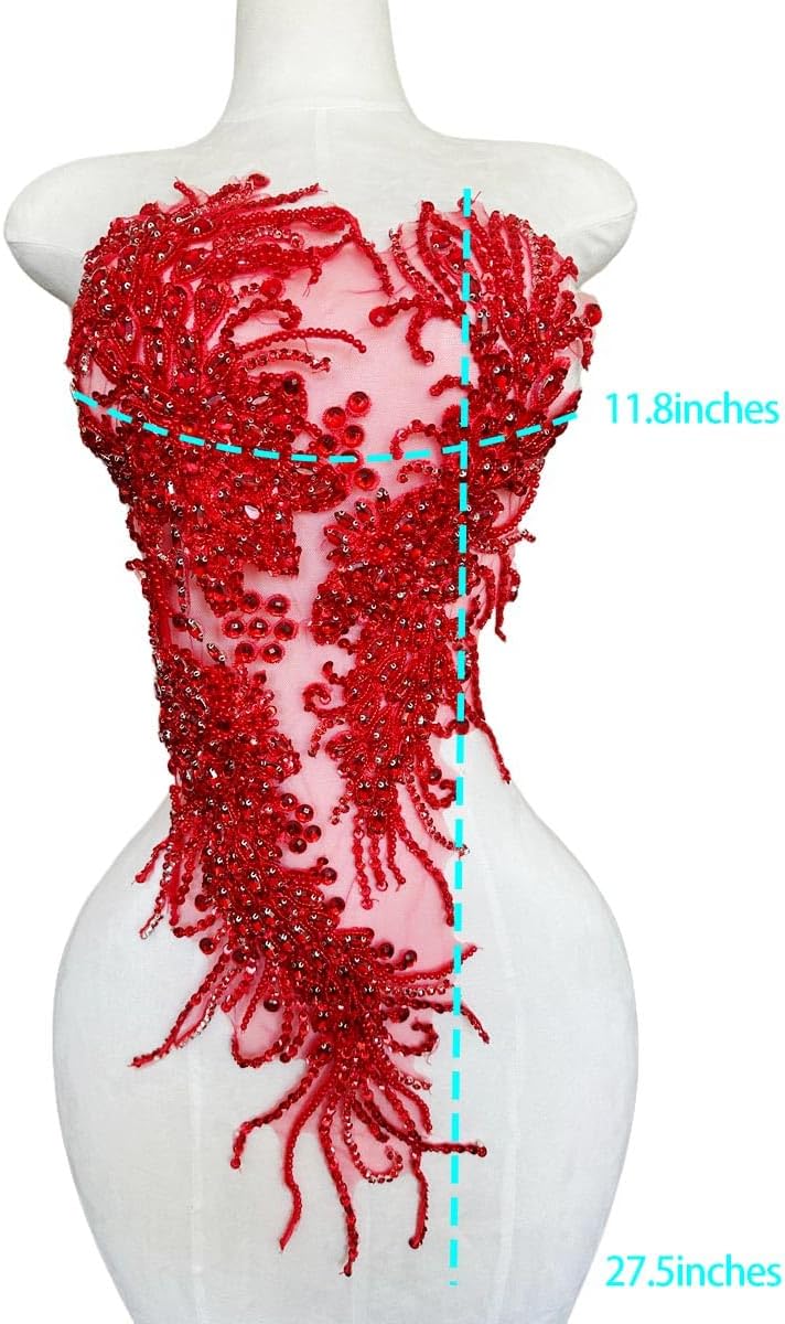 Large Handmade Beaded Crystal Patches with Rhinestone Applique Designs for Prom Formal Dress 1PCS/Bag (Red)