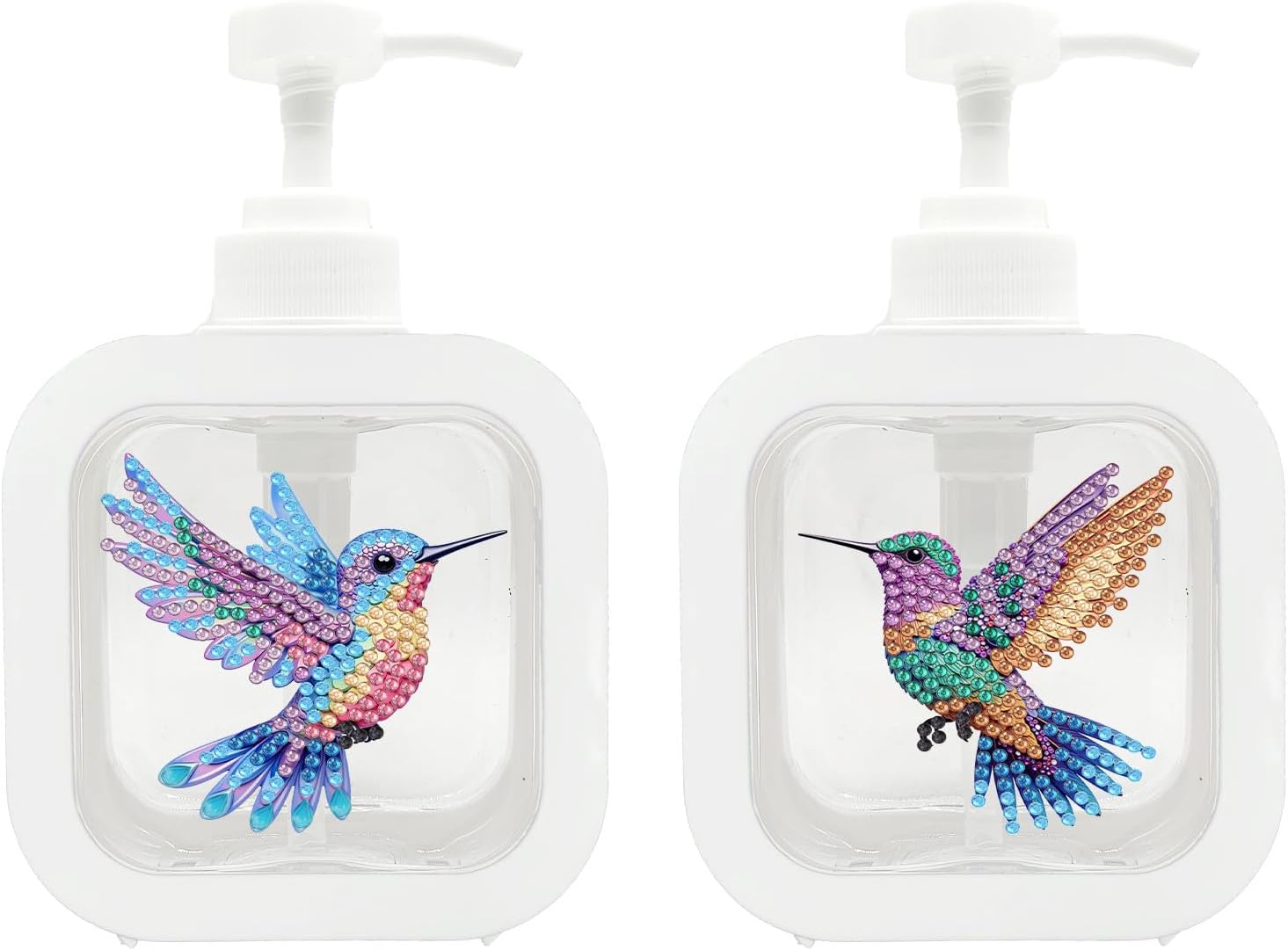 2Pcs Diamond Art Pump Bottle 10.56oz/300ml White Press Dispenser Refillable Empty Lotion Hand Soap Dispenser Liquid DIY Art Craft Container for Bathroom Shampoo Fluid-Hummingbird