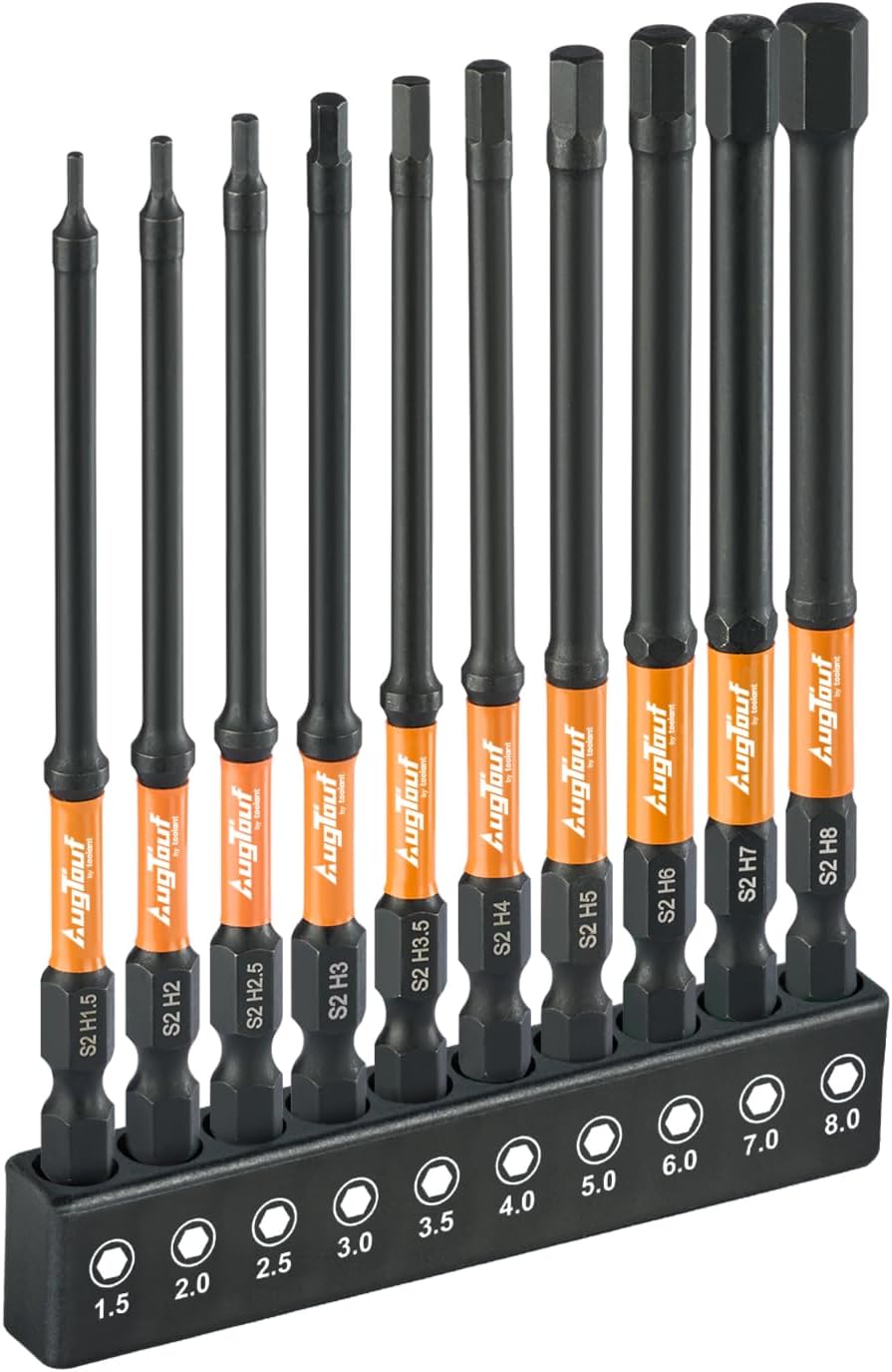 toolant Impact Hex Head Allen Wrench Drill Bit Set 10pcs (Metric), 1/4" Hex-Shank S2 Steel Hex Bits Set, CNC Machined Tips with Magnetism, 4" Long with Storage Box