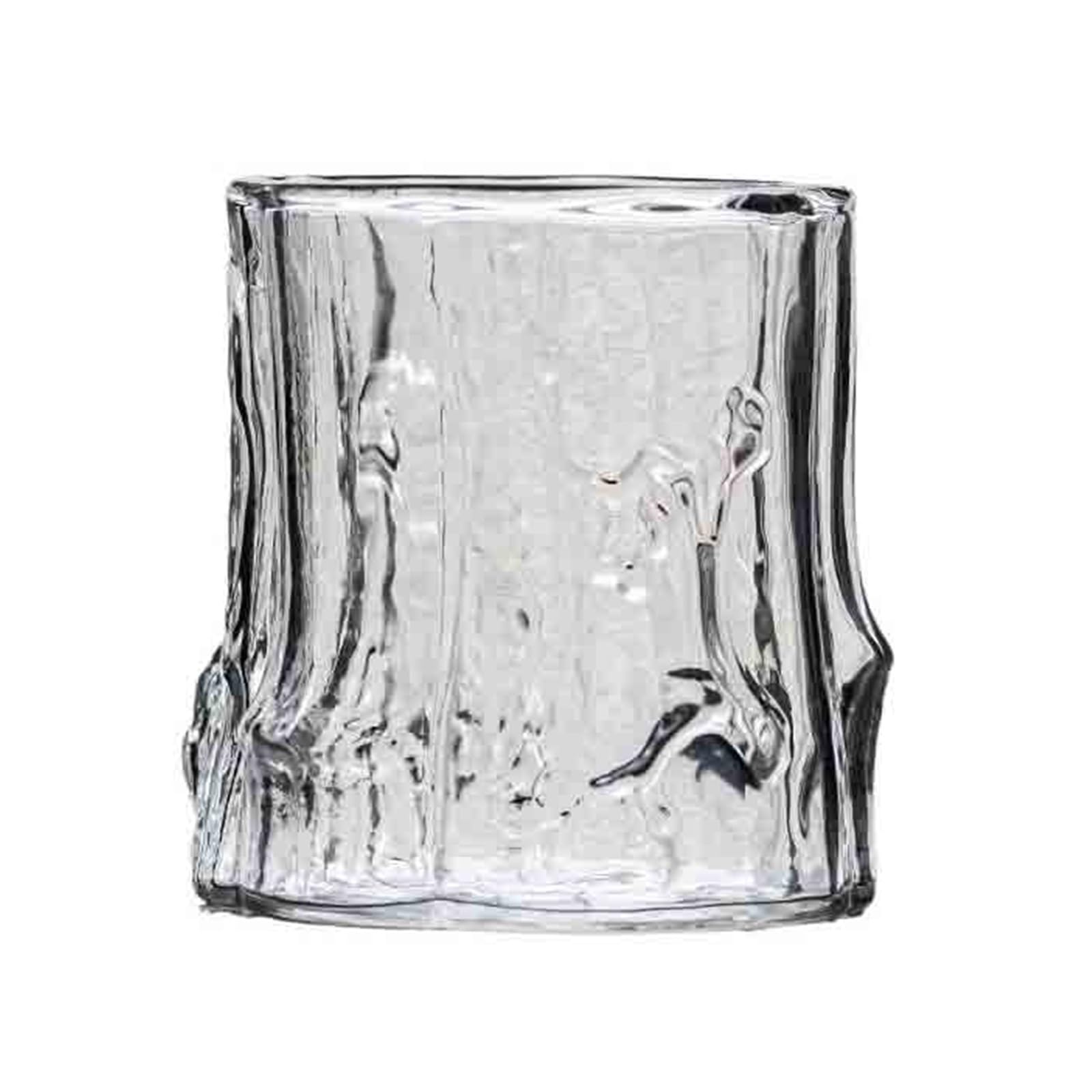 Vaso de vidrio con textura de corteza ideal para servir whisky con hielo en tus cenas