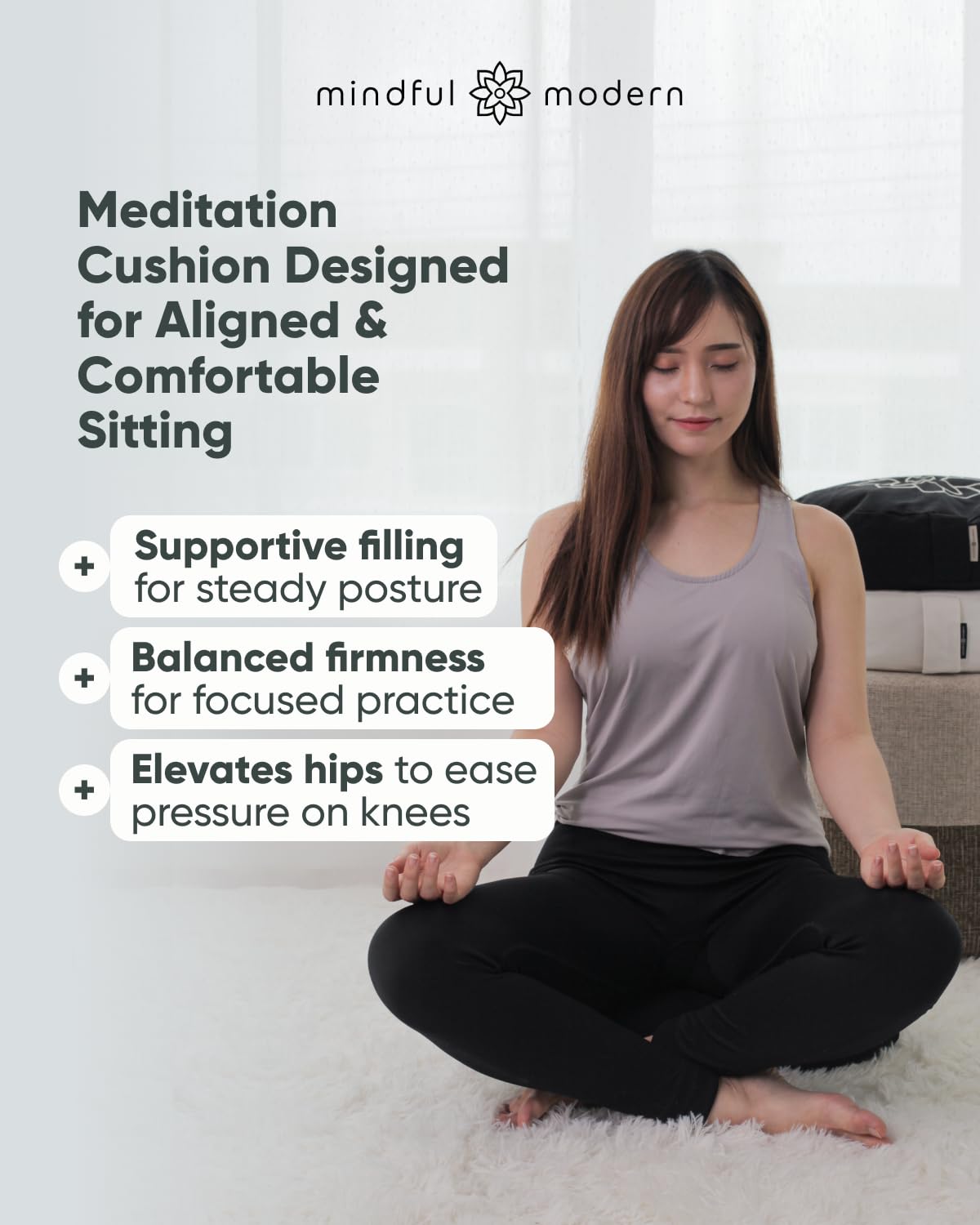 Mindful & Modern - Cojín de meditación grande para yoga Zafu, color negro