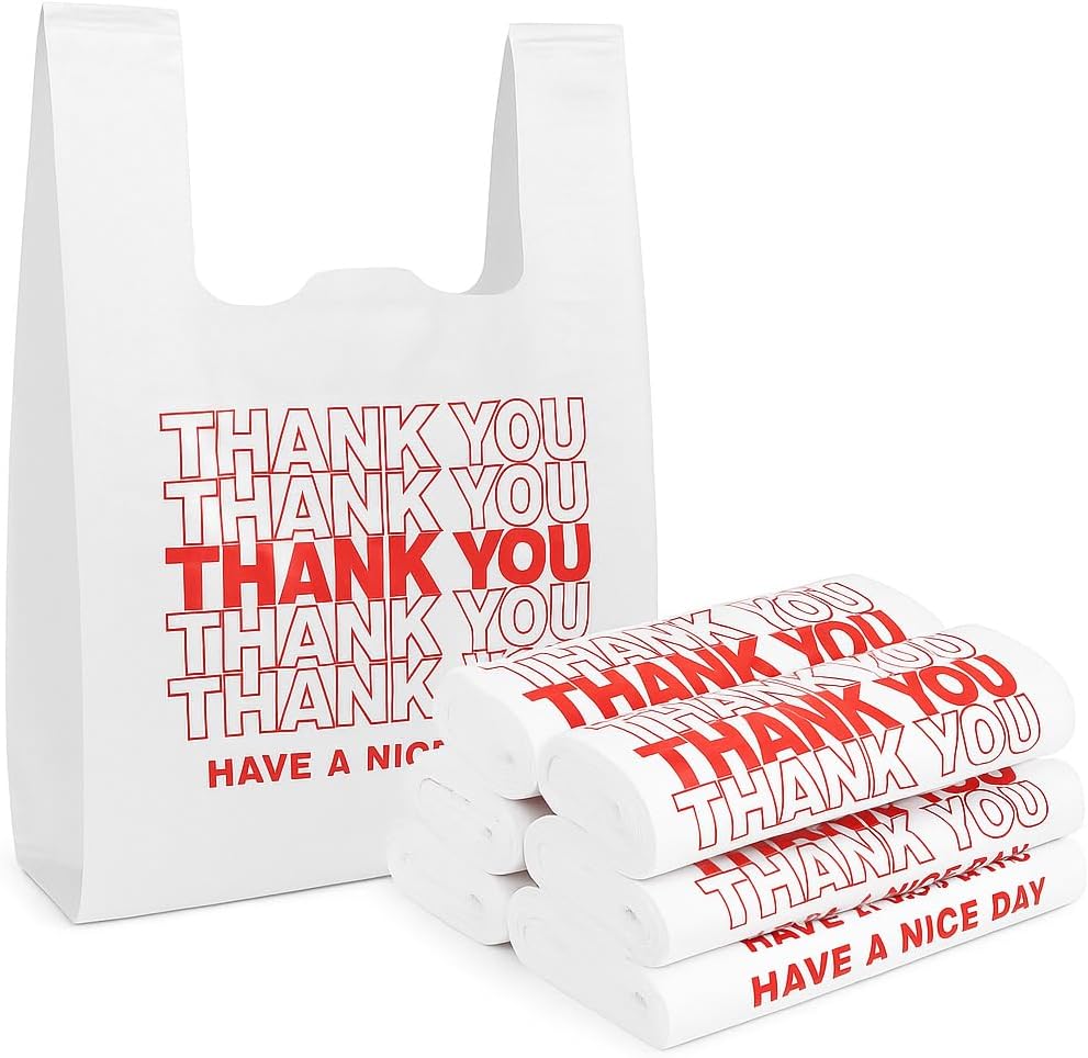 [50 Count] White “Thank You” HDPE T-Shirt Bags with Handles – Heavy Duty 26 Micron (≈1.0 mil) 11″ x 6″ x 21″ (1/6 BBL) – Recyclable Takeout & Carryout Bags for Restaurants, Retail & Food Trucks