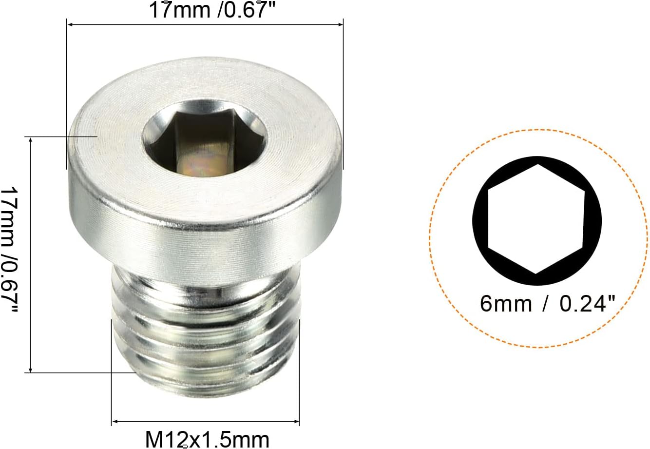 PATIKIL M12*1.5 Internal Hex Head Pipe Fitting Plug, Male Thread 45# Steel Socket Plug with Sealing Ring for Terminate Pipe Ends