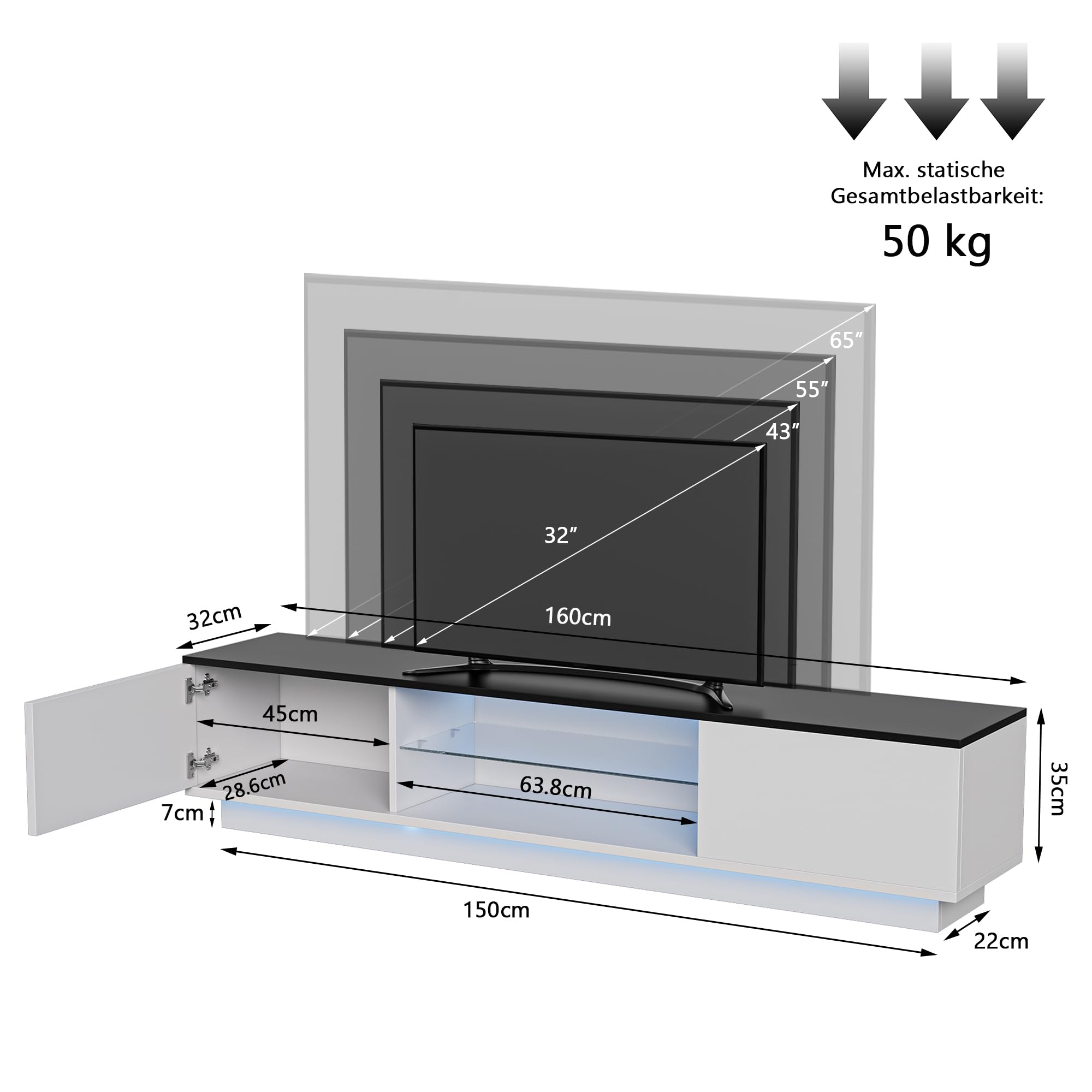 Mobile TV 160 cm, Mobile Tele con luci LED, Panca TV Bianco con Spazio di Conservazione, per TV fino a 65 pollici, Design moderno, Armadio-TV per Soggiorno, Camera da letto (Bianco-160 cm)