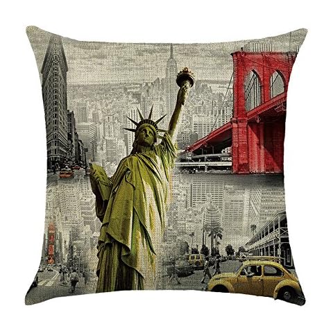 Hengjiang WEIANG Vintage Retro City Series Bus Car New York Paris Soft Pillowcase Cotton Double Sided Cushion Cover Square Decorative Home Accessories (Statue of Liberty 14) Cover
