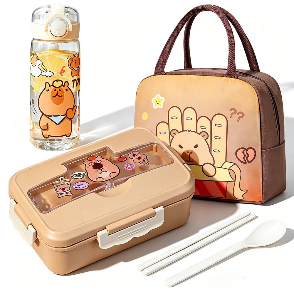 Spiritzohic Capybara Lunch Box, Capybara Bento Box Set with Water Bottle, Lunch Bag Utensils Leakproof Lunchs Containers Lunchbox Drinking Bottle Portability Snack Boxes for School,Picnic Animal