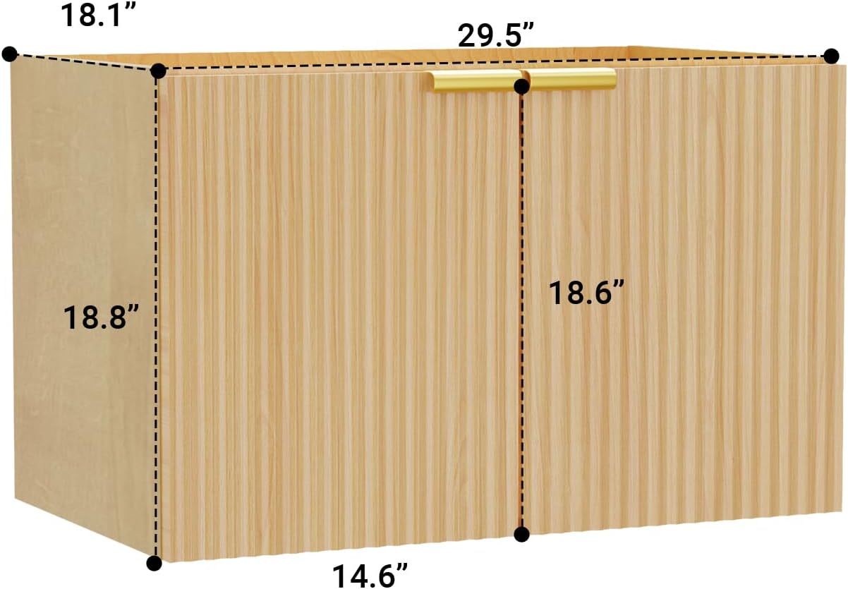 Modern Bathroom Vanity Without Sink, Floating Wall Mount Cabinet with Wavy Textured Doors, Waterproof Storage for Small Bathroom, Soft-Close Design, Nature Wood (Nature Without Sink, 30")