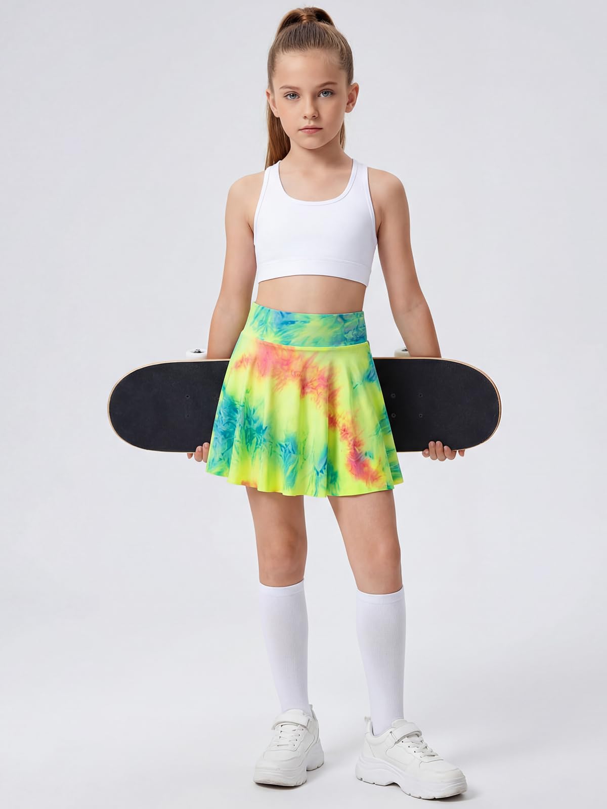 Valcatch Filles Athletic Skort Taille Haute Tie-Dye Jupes de Tennis avec Shorts Golf Flowy Jupe Courte Danse Running School Sport Jupe plissée avec Poches et Doublure en Spandex