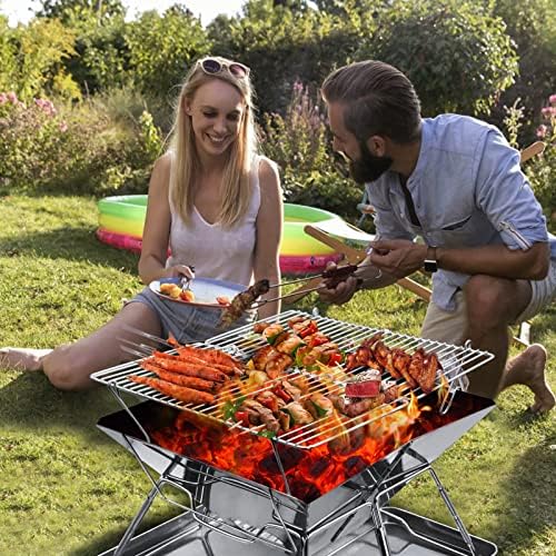 ZHZIRO BBQ Fire Pit Portable Campfire Pit Collapsible Stainless Steel Grill for Camping Picnic Patio Backyard and Garden with Fire Tube Carrying Bagwith Iron Carry Box