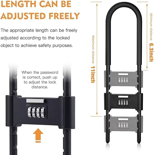 Miniatura 5 de Candado de grillete largo -U-Lock-Bike Combo U-Lock - Candado combinado de cuatro posiciones - con grillete ajustable - Adecuado para bicicletas,