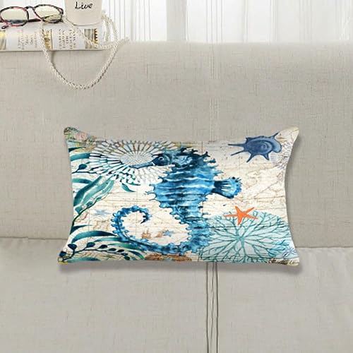 Miniatura 8 de Juego de 2 fundas de almohada lumbar decorativas con temática oceánica de 12 x 20 pulgadas, diseño de caballito de mar con tortuga, océano