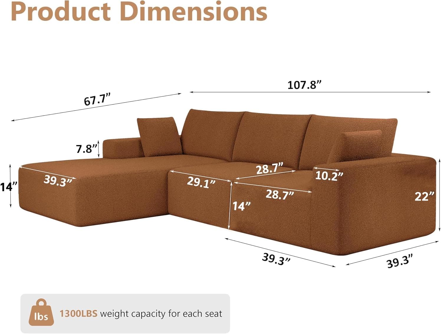 Convertible Sectional Couch with L-Shape Chaise, Modern Modular Sofa with Deep Seat, 3-Seater Comfy Cloud Couches for Living Room, Bedroom, No Assembly Required(Orange, 108"+Left Chaise)