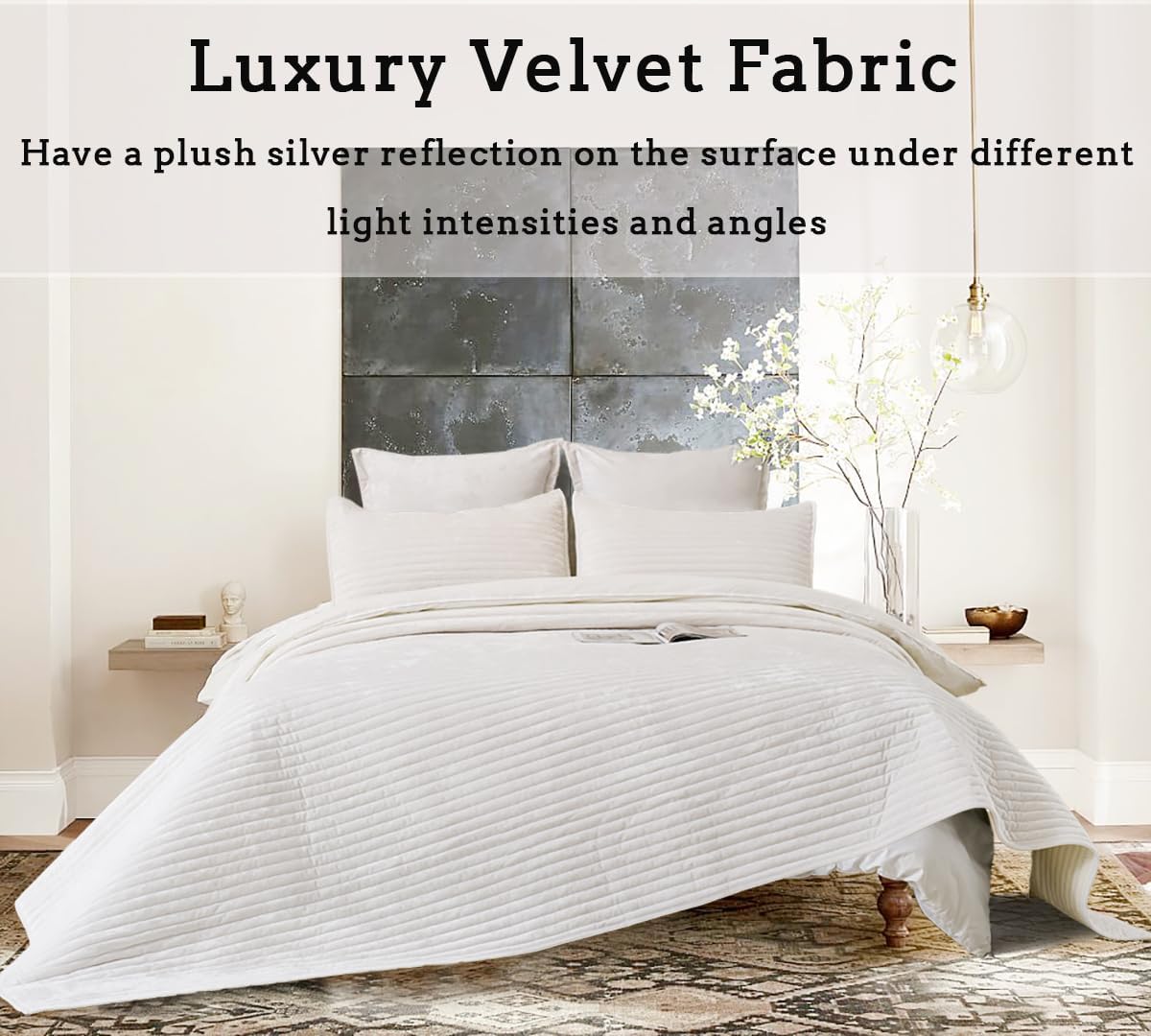 3 Pieces Luxurious Velvet Oversized King Quilt Bedding Set 120x128 Striped Bedspread Coverlet Quilted Set with 2 Pillow Shams 20x36 Ultra Soft Comforter for All Season, Cream - Image 9