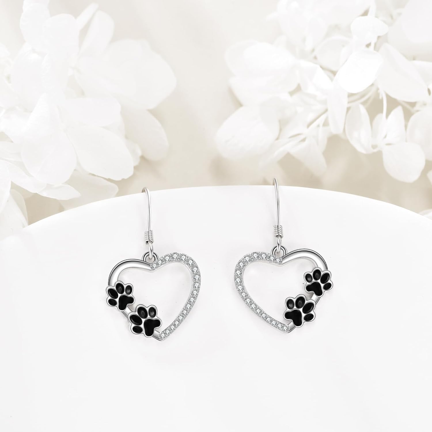 925 Sterling Silver Pet Paw Earrings Dog Cat Paw Print Dangle Earrings Heart Earrings Black Paw Jewelry Birthday Gifts for Women Pet Lovers - Image 2