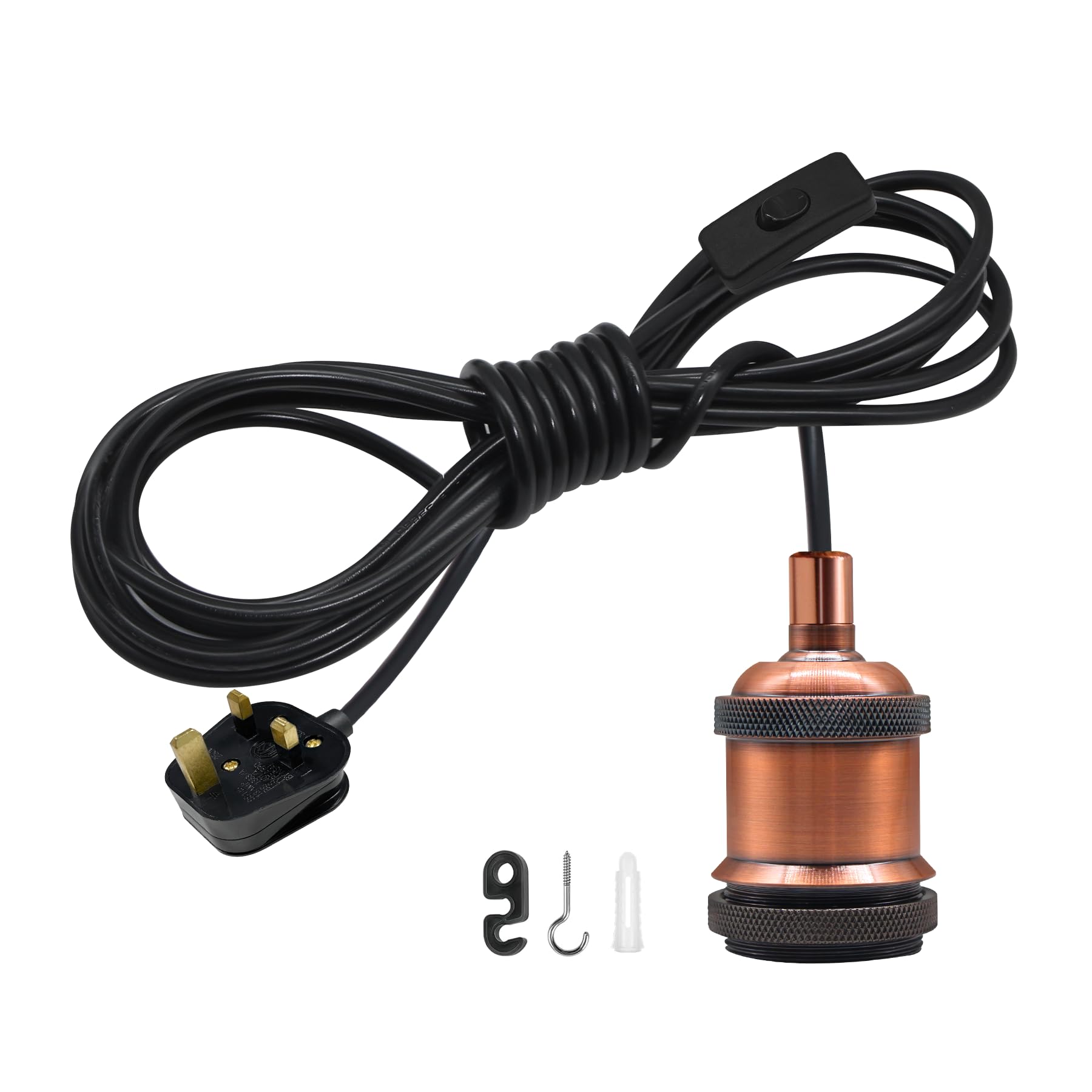 Plug in Hanging Pendant Light with Burgundy Metal Socket, Extra Long 500cm Cable Ceiling Rope Pendant Lighting, E27 Lamp Holder with Switch On/Off, Farmhouse Style DIY Hang Lamp Cord Kit(No Bulb)