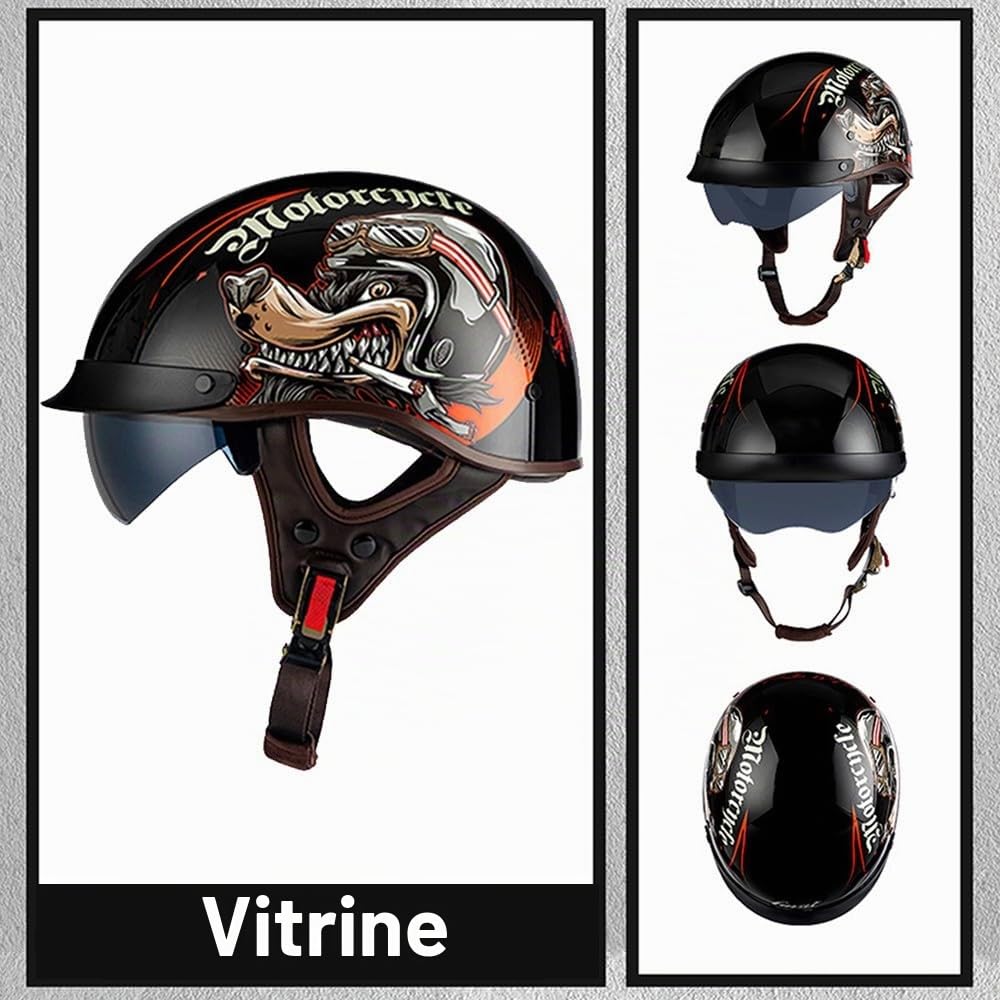 Demi-Casque de Moto, Casque Moto Rétro, Casque Jet ECE2206 Homologué, Casque Moto Cyclomoteur avec Visière, Casque de Moto Hommes et Femmes, pour Moto et Scooter, M~XXL