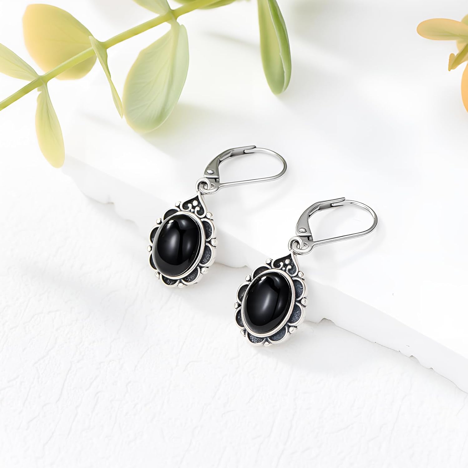 Black Onyx Earrings 925 Sterling Silver Vintage Leverback Dangle Drop Earrings for Women - Image 2