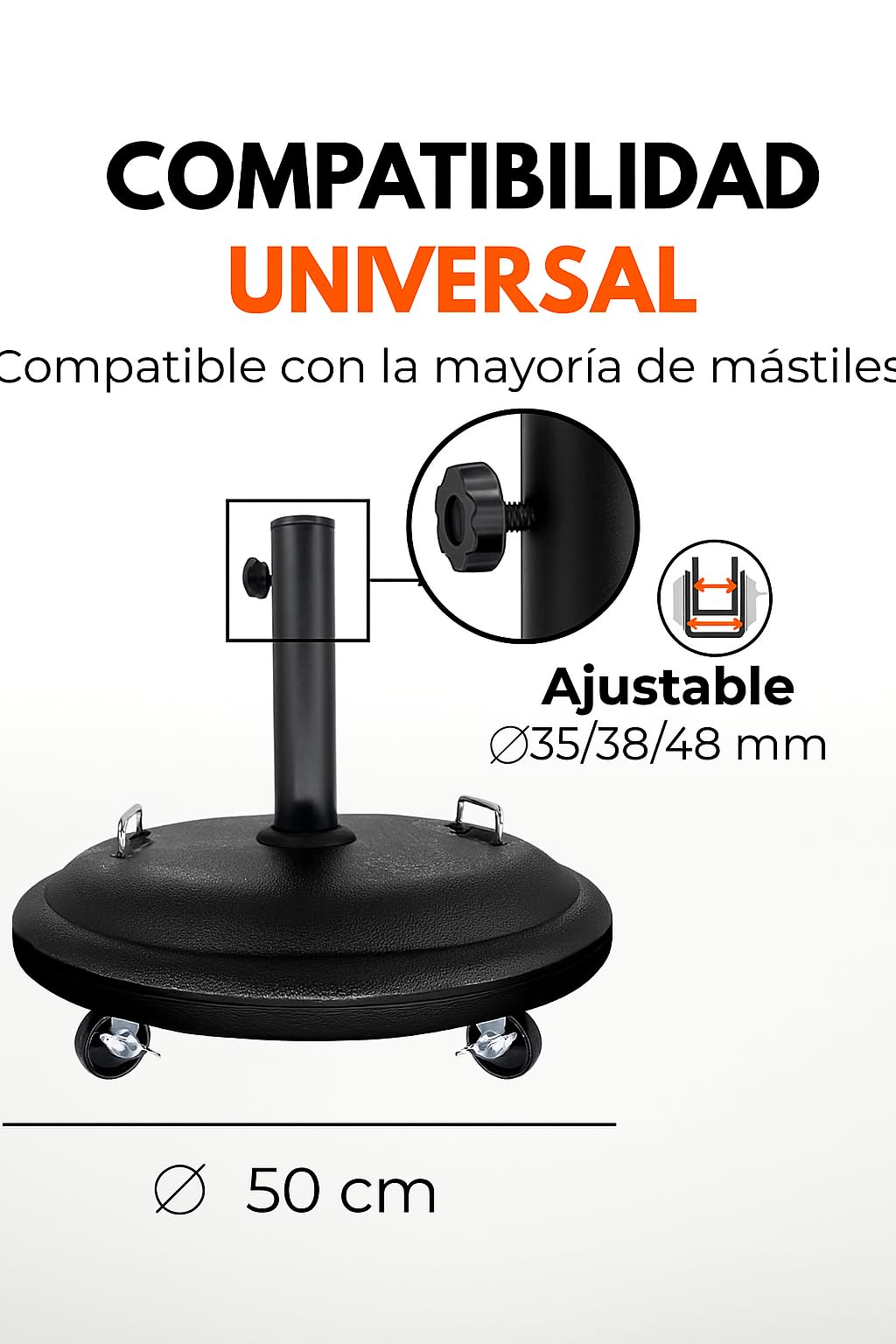 JAMAX Base Sombrilla con Ruedas 25kg Ø50 cm Soporte Parasol Ajustable para Jardín, Terraza o Patio – Base Redonda Resistente con Doble Asa – Uso Exterior e Interior (Negra..)