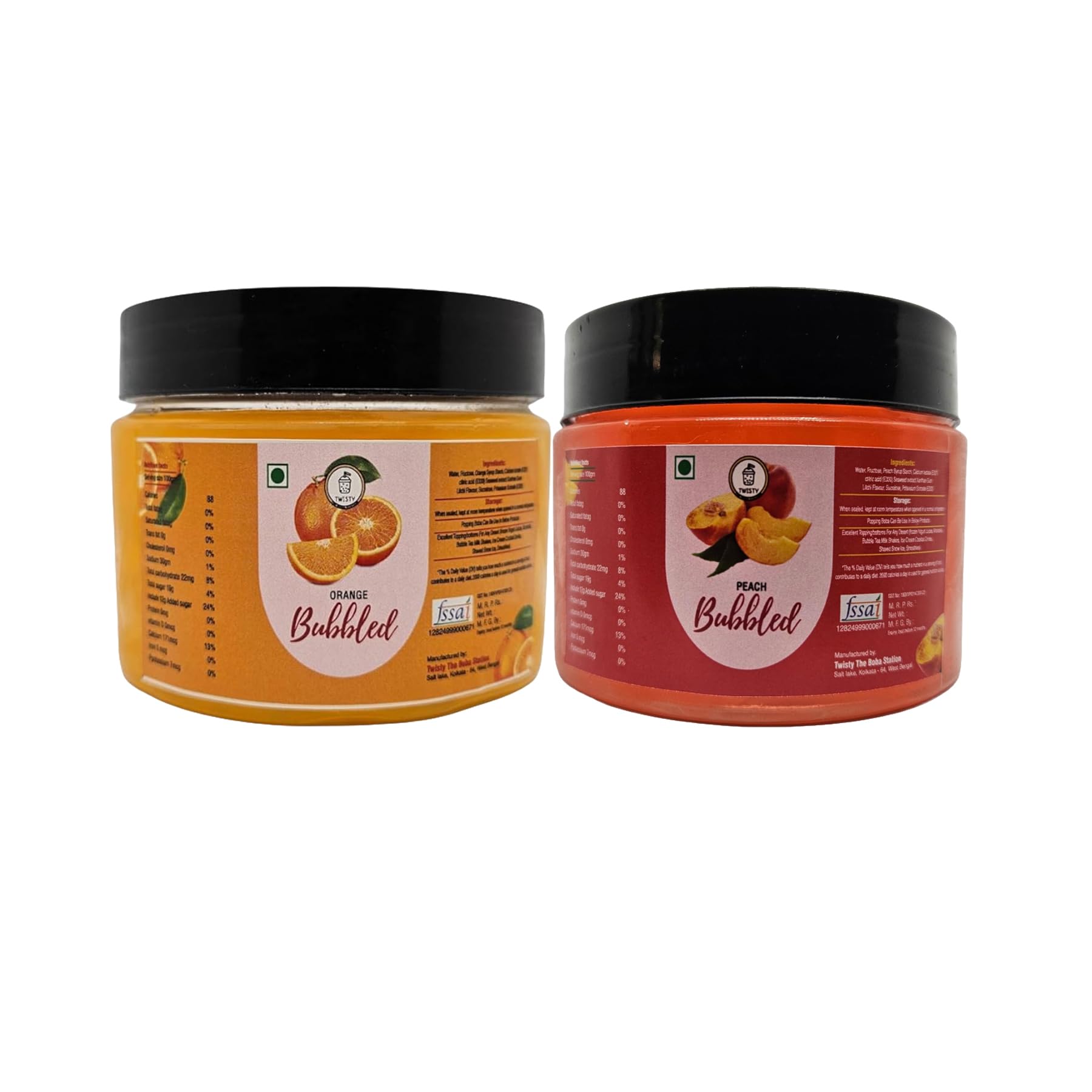Twisty The Boba Station® Popping Boba Combo – Orange & Peach Flavors with 12mm Straws | Bubble Tea, Milkshakes, Yogurt, Ice Cream Toppings | Fruity Bursting Pearls | 2 Packs x 330g-image-3