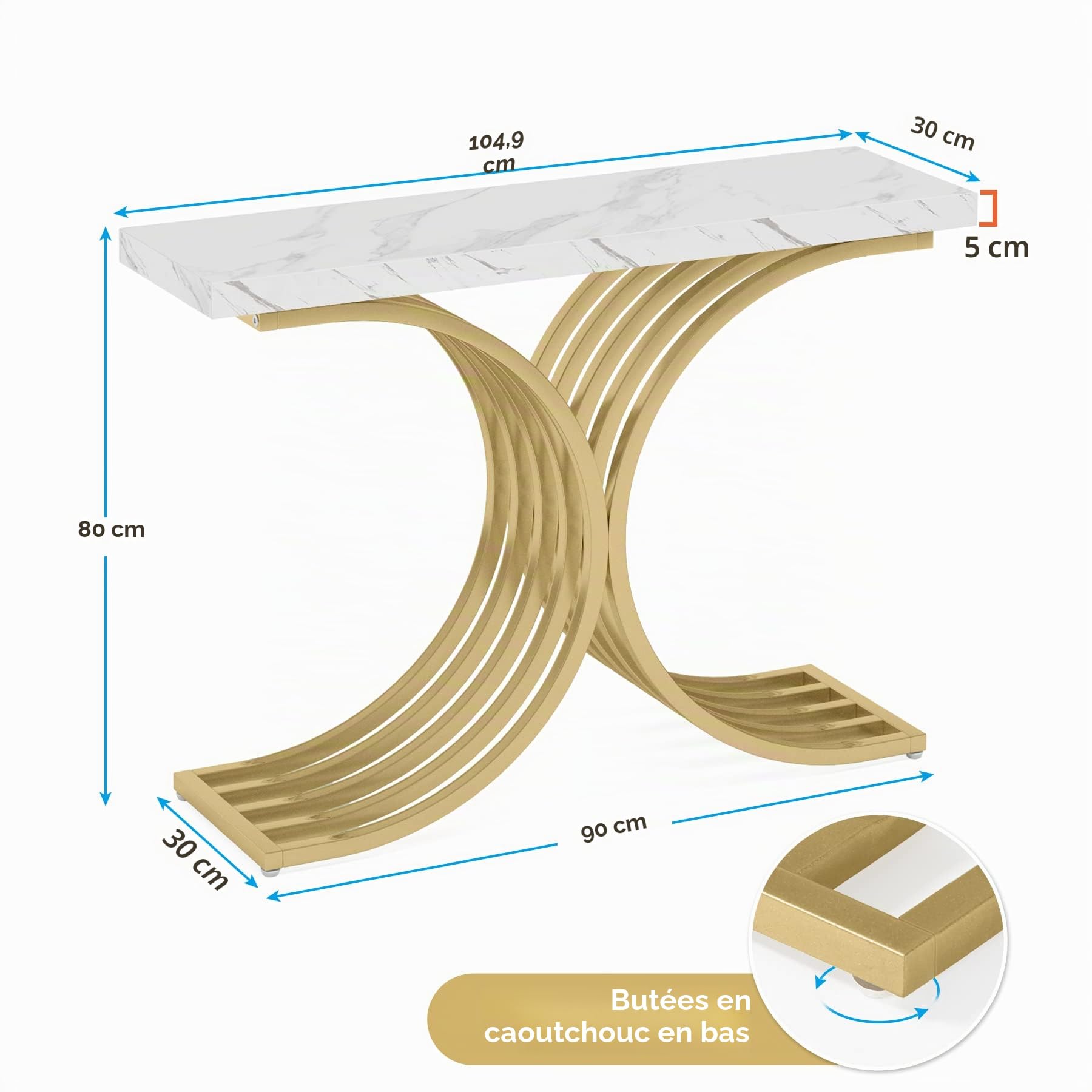 Tribesigns Table console étroite, table d'appoint avec structure en métal doré, 100 x 30 x 80 cm, petite table d'exposition, table basse pour petite pièce, pour entrée, couloir, salon