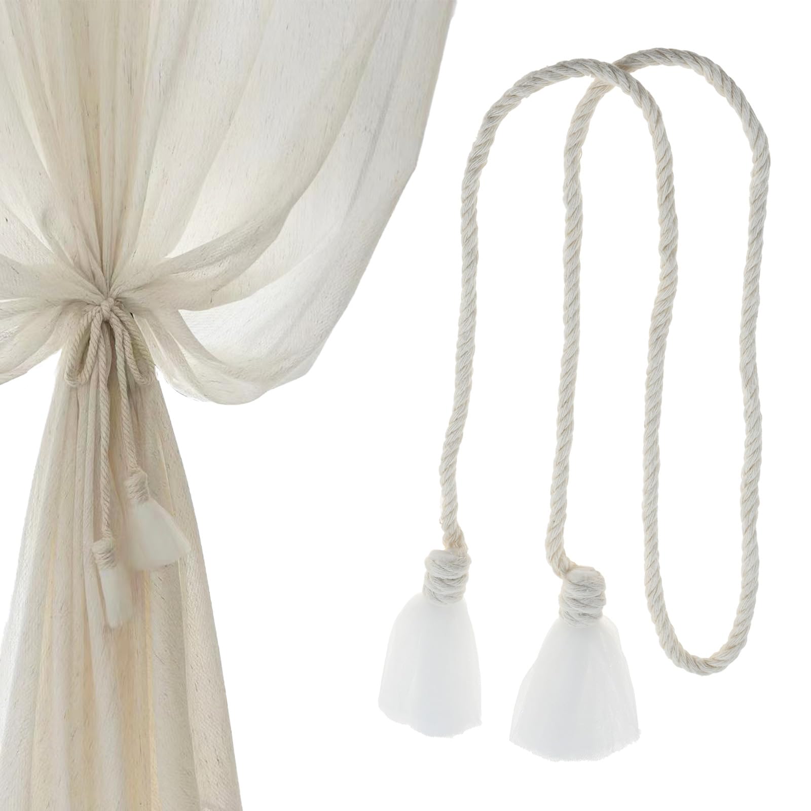 Hicello Beige Pair Of Curtain Tiebacks, Simple Voile Curtain Tie Back, Drapery Rope With Lace Decorative Holdback