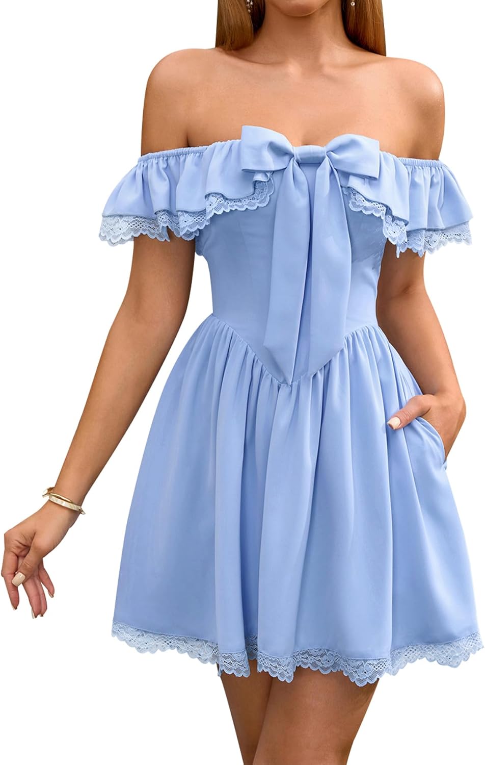 EYNMIN Women's Off The Shoulder Mini Dress Lace Bow Tie Flowy A Line Cute Casual Short Dresses with Pocket