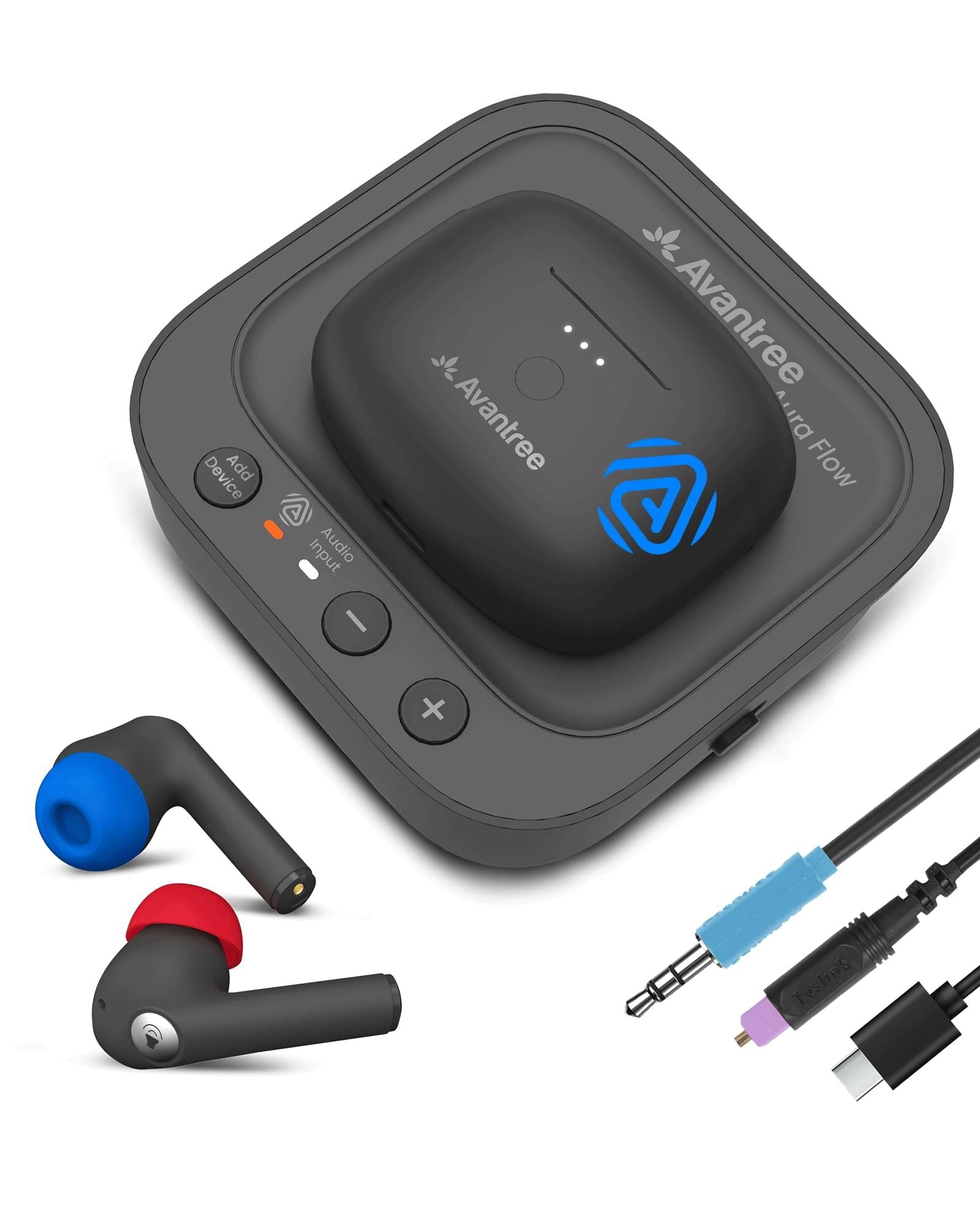 Avantree Aura Focus – Cuffie in-ear TV Auracast con trasmettitore, modalità dual per audio TV e chiamate telefoniche, base di ricarica semplice, amplificazione del volume per anziani e persone con