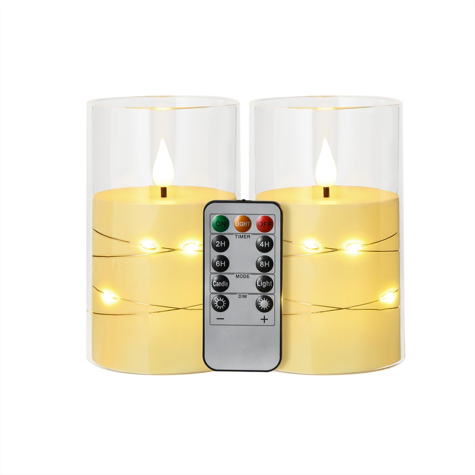 Koelaa 2 Pack Flameless Candles with 3D Wick, Acrylic LED Battery Operated Pillar Candles, Remote & Built-in String Lights for Wedding/Christmas/Home Decor - 7.5x12.5 cm