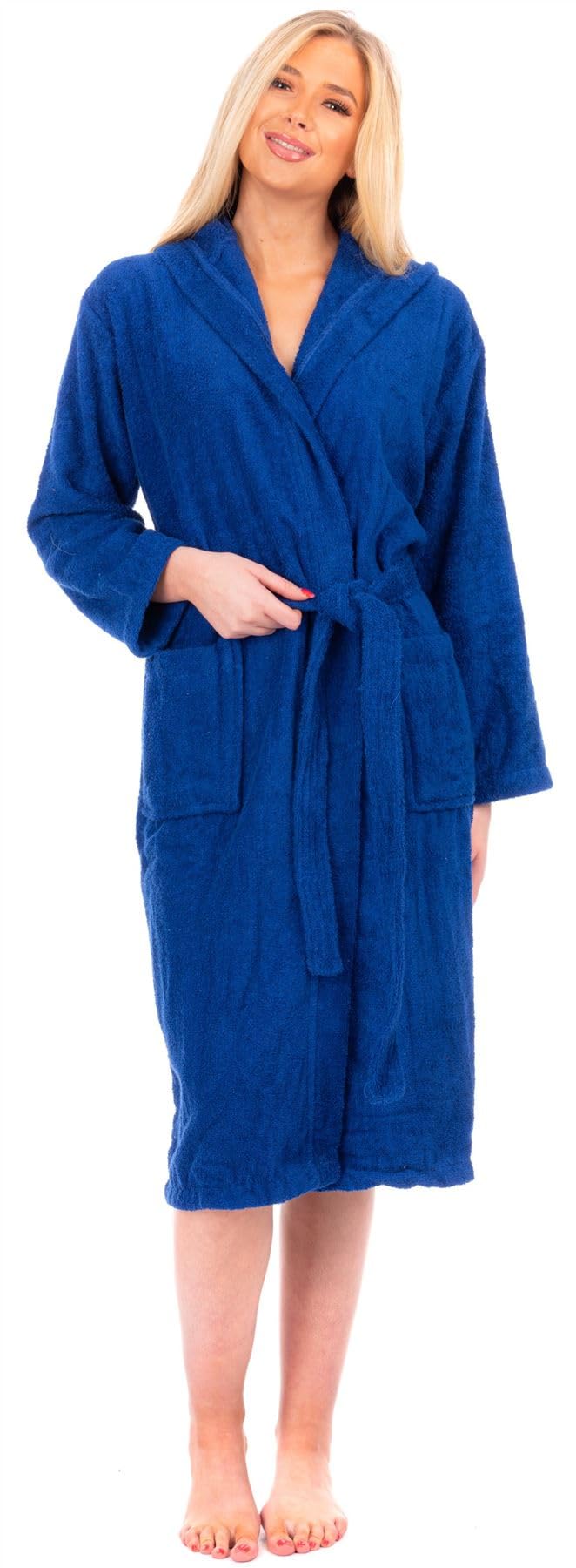 Adore Home Ladies 100% Cotton Hooded Bathrobe Terry Towelling Shawl Collar Bath Robe Dressing Gown