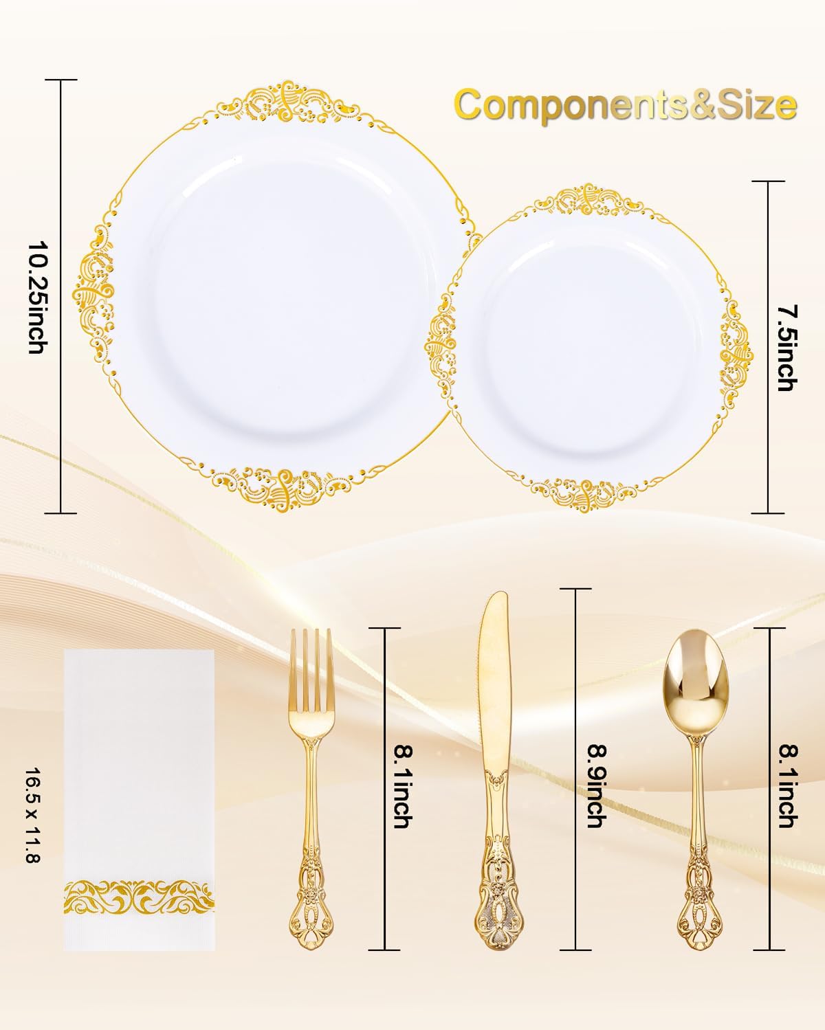 Ciaell 300PCS White and Gold Plastic Plates - Gold Disposable Dinnerware Sets for 50 Guests - 100 Plates, 50 Knives, 50 Forks, 50 Spoons, and 50 Napkins for Wedding, Anniversary, Party