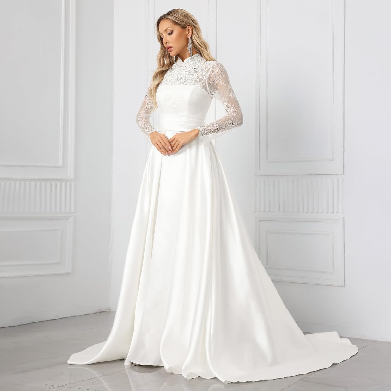Lace Stamp High Neck Wedding Dress with Long Sleeves ，Elegant Satin A-Line Bridal Gown with Train for Formal - Image 4