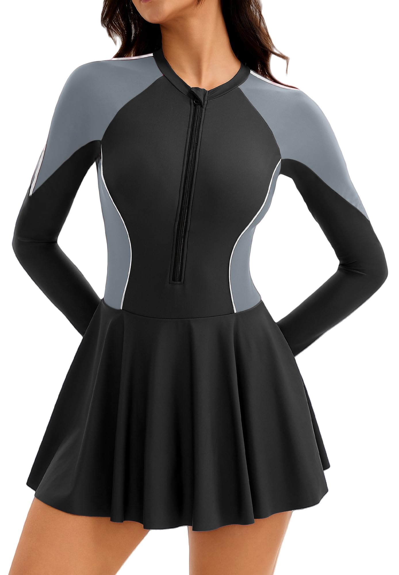 FEOYA Damen-Badeanzug mit Shorts, Einteiler, Rashguard, Reißverschluss, langärmelig, mit abnehmbaren Körbchen
