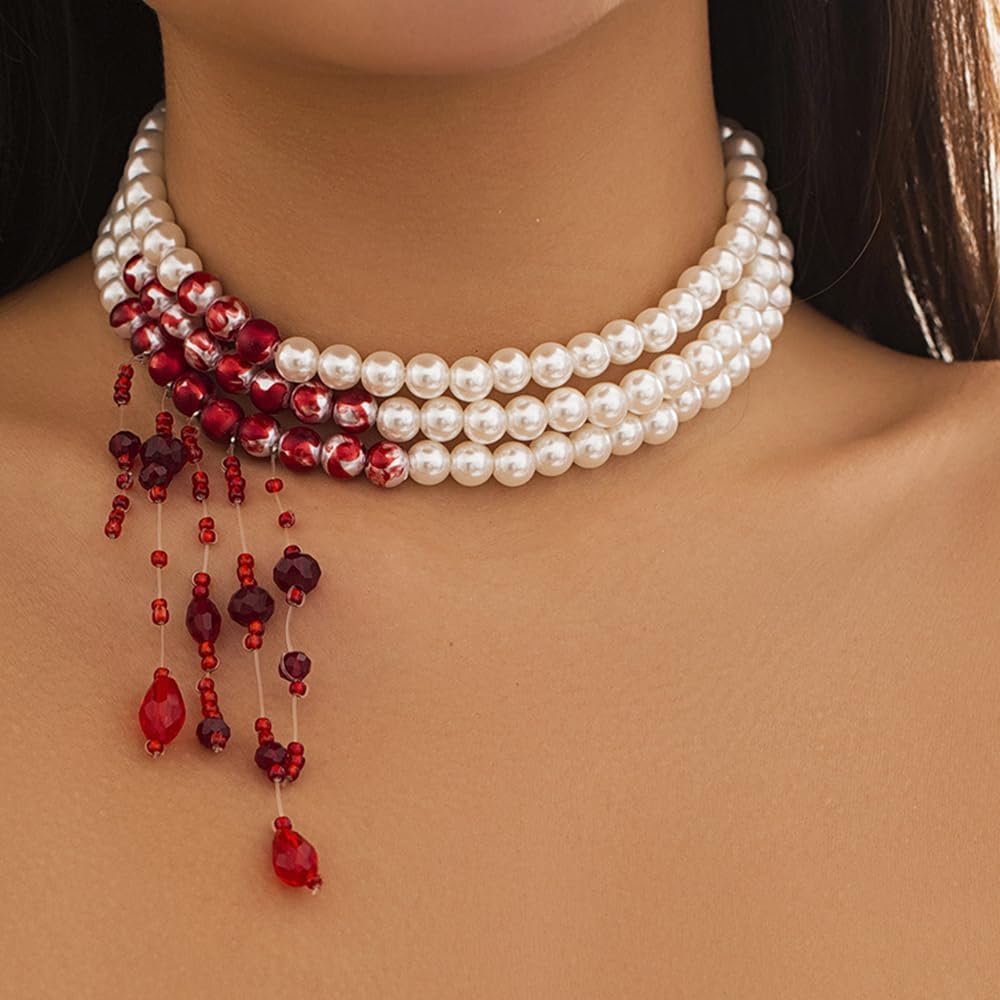 Jumwrit Vintage Layered Pearl Choker Necklace Dainty Chunky Chain Multi Strand Pearl Beaded Necklace Boho Rhinestone Tassel 3 Tier Halloween Vampire Necklace Statement Accessories for Women - Image 2