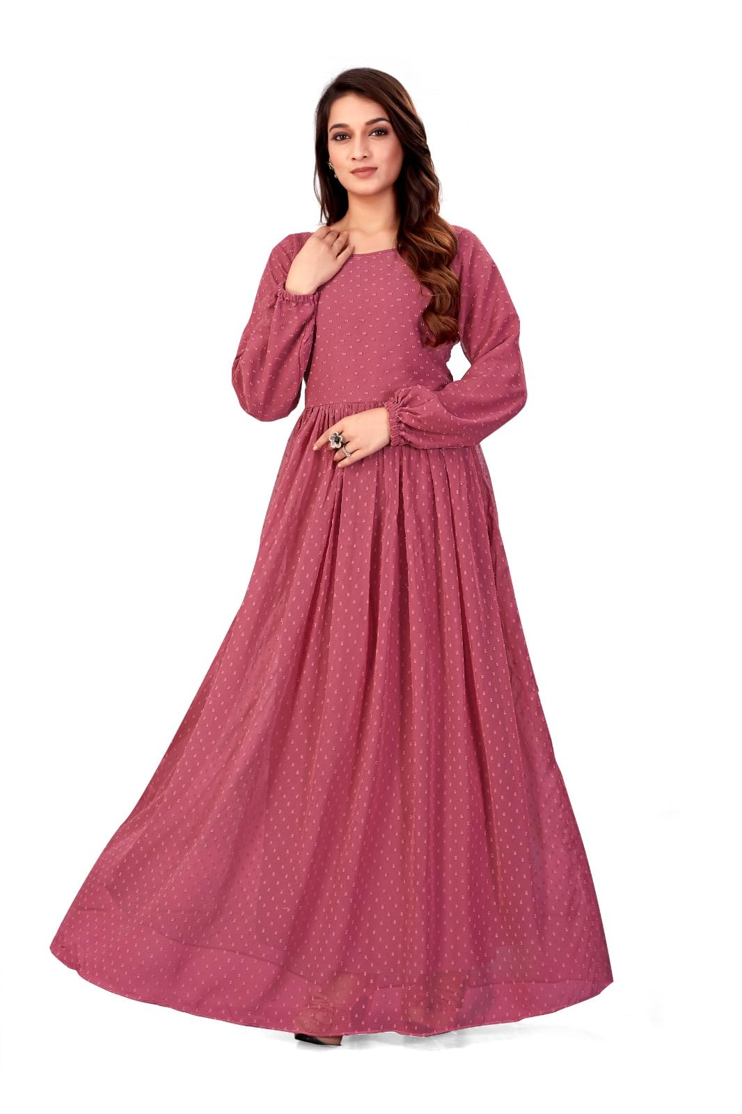 Brown Georgette Fabric with Crepe Lining for no Transparency Umbrella Pattern Gown Bishop Sleeves with Elastic Cuffs Gown-image-8