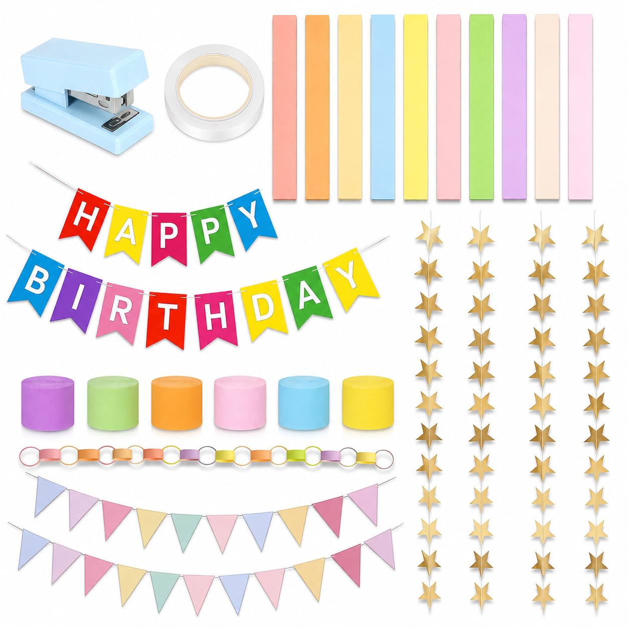 Set di strisce di carta per decorazioni per feste, 150 m di carta crespa e 300 fogli di catene di carta, ghirlande a stella dorate, bandierine per bandiere, bandiere di compleanno, decorazioni fai da